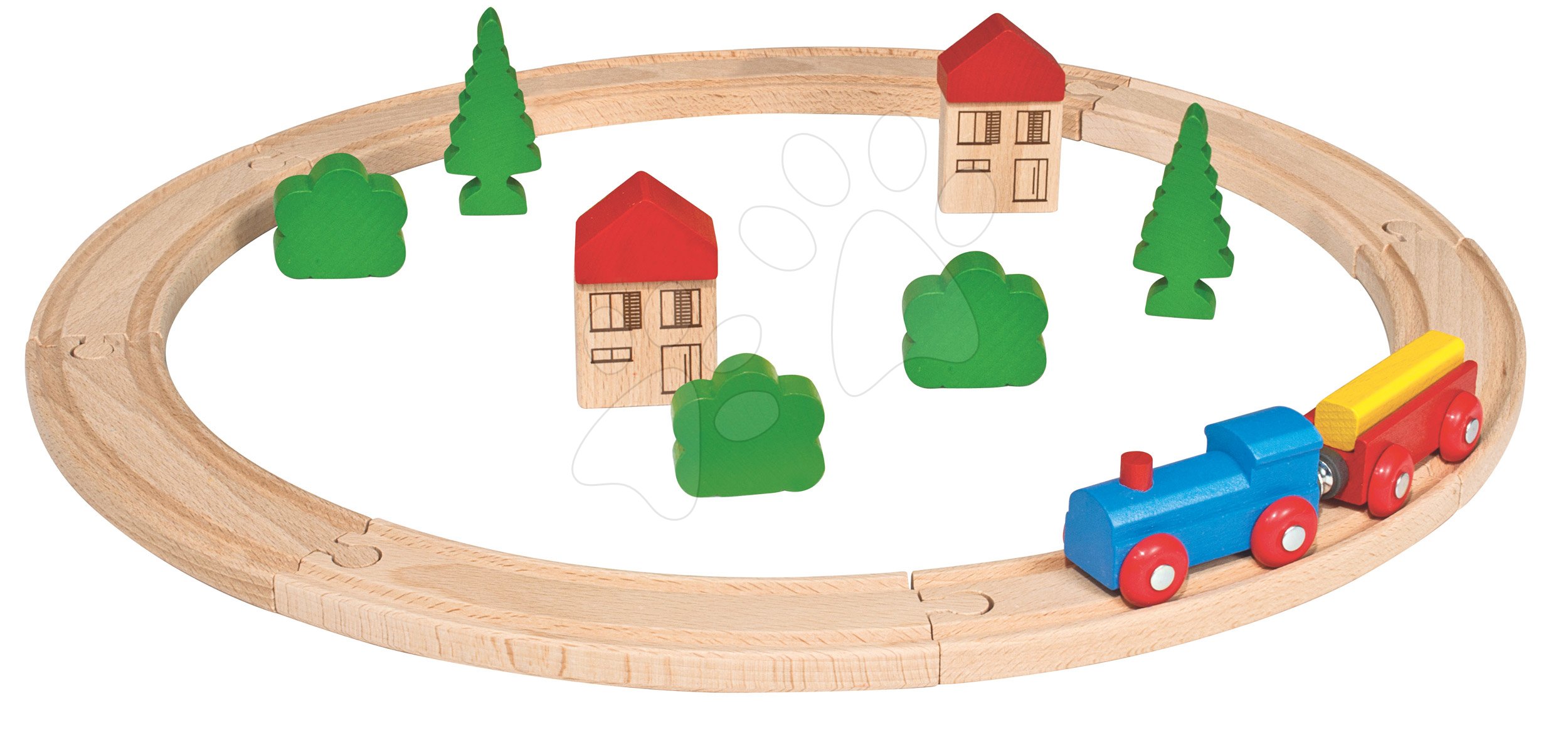 Fa vonatpálya Wooden Toy Eichhorn kiegészítőkkel házakkal és fákkal 20 részes
