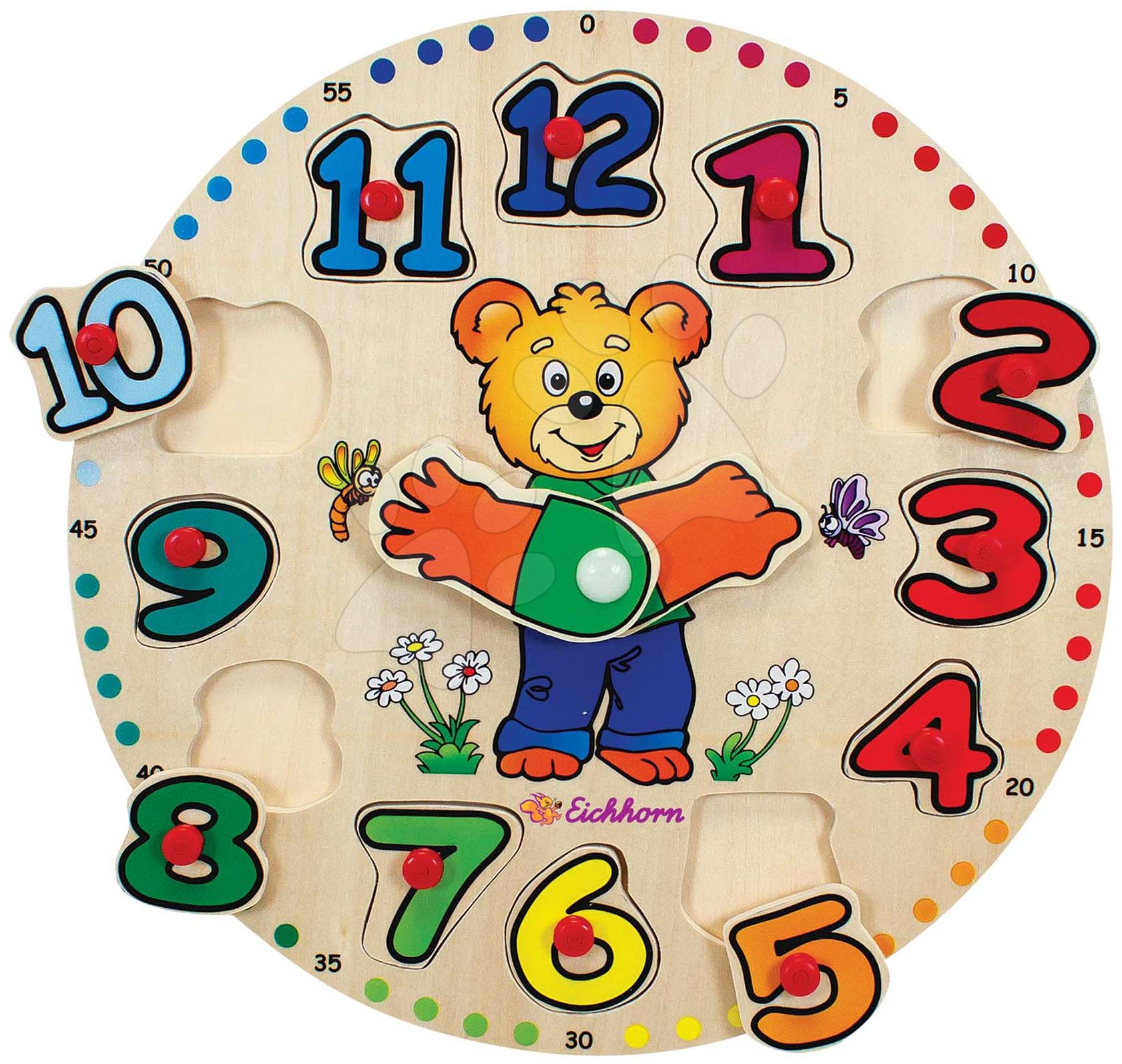 Fa készségfejlesztő puzzle óra Teaching Clock Eichhorn 12 formaillesztő számmal 24 hó-tól