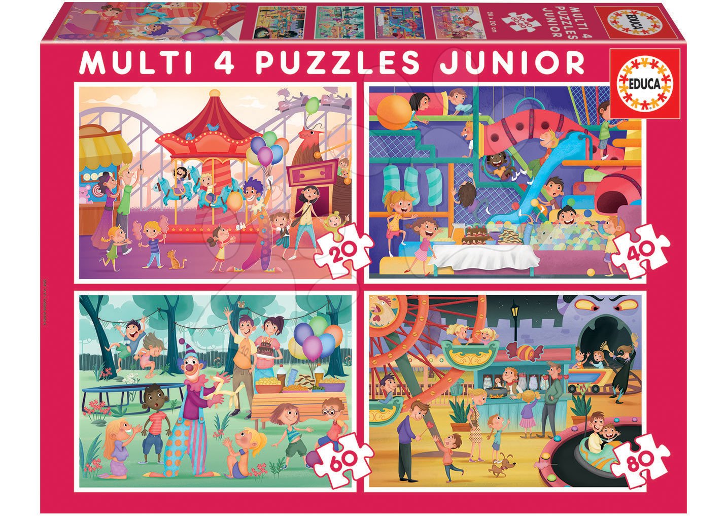 Puzzle Multi 4 Junior Park atractions+Children\'s party Educa 20-40-60-80 dielov od 4 rokov