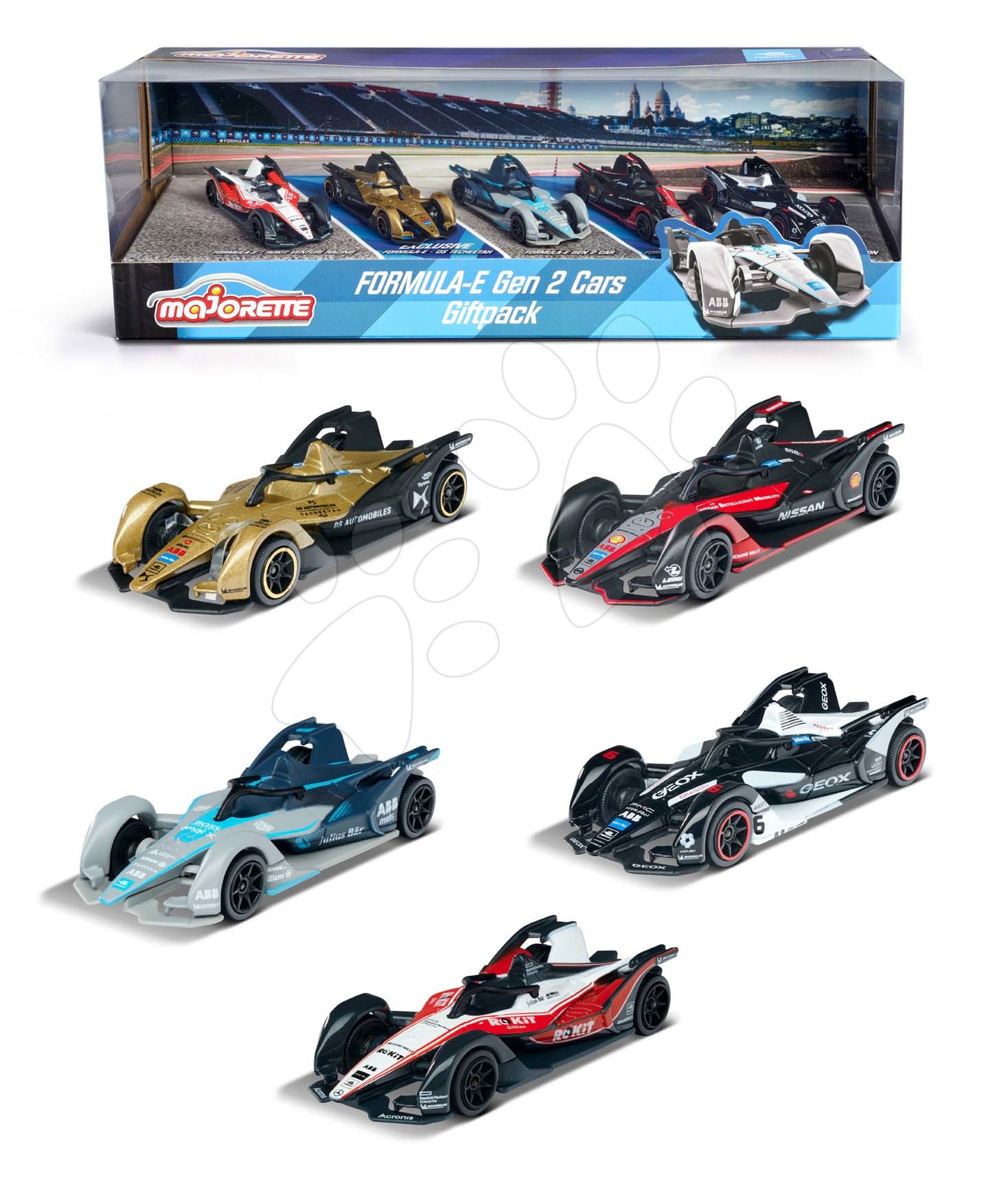 Kisautók Formula E Gen 2 Cars Majorette fémből és gumikerekekkel 7,5 cm hosszú szett 5 fajta ajándékcsomagolásban