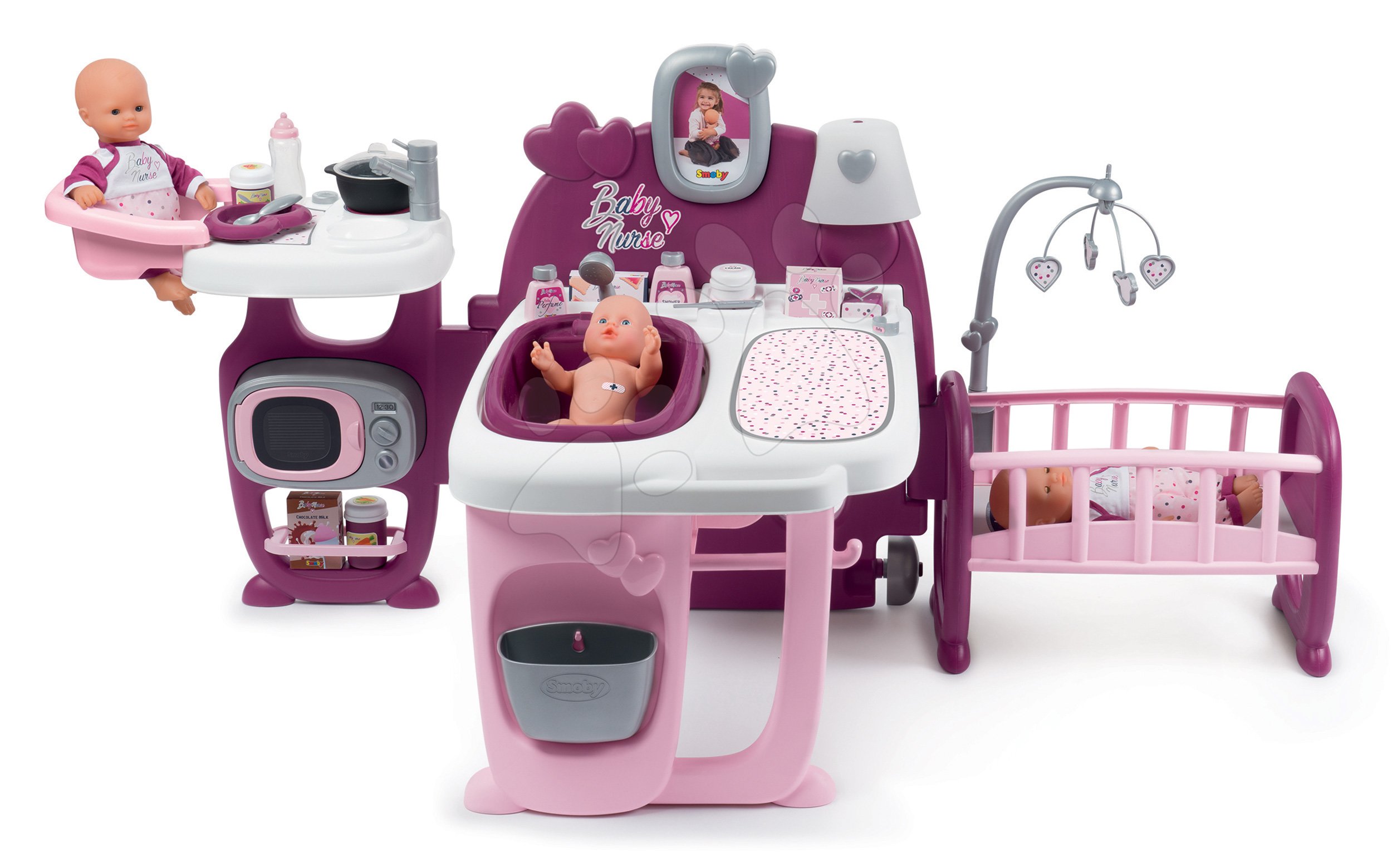 Domeček pro panenku Violette Baby Nurse Large Doll\'s Play Center Smoby trojkřídlový s 23 doplňky (kuchyňka, koupelna, ložnice)