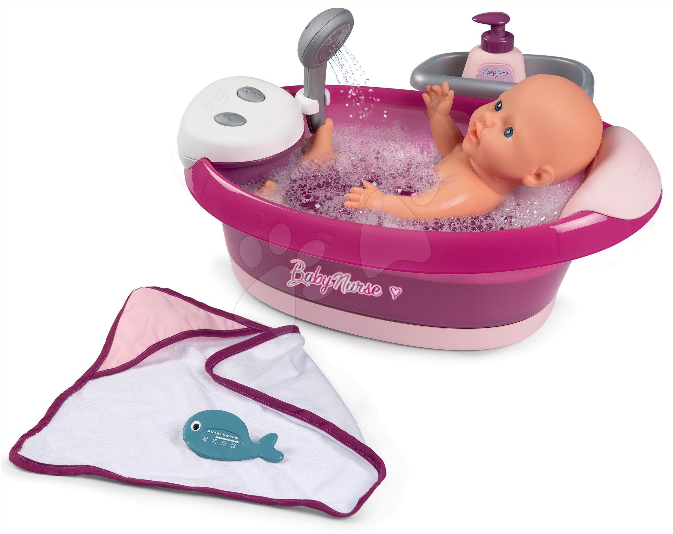 Kiskád játékbabának folyó vízzel elektronikus Violette Baby Nurse Smoby pezsgőfürdővel és Led fénnyel 42 cm játékbabának