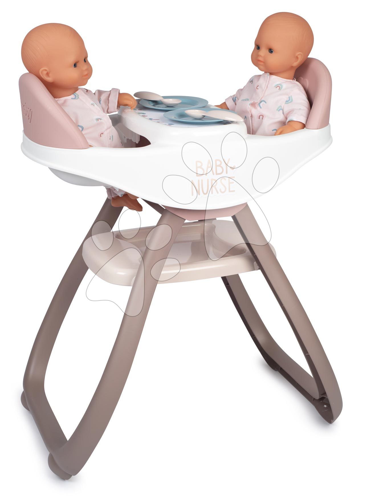 Jedálenská stolička pre dvojičky Twin Highchair 2in1 Natur D\'Amour Baby Nurse Smoby pre 42 cm bábiky so 4 doplnkami od 24 mes