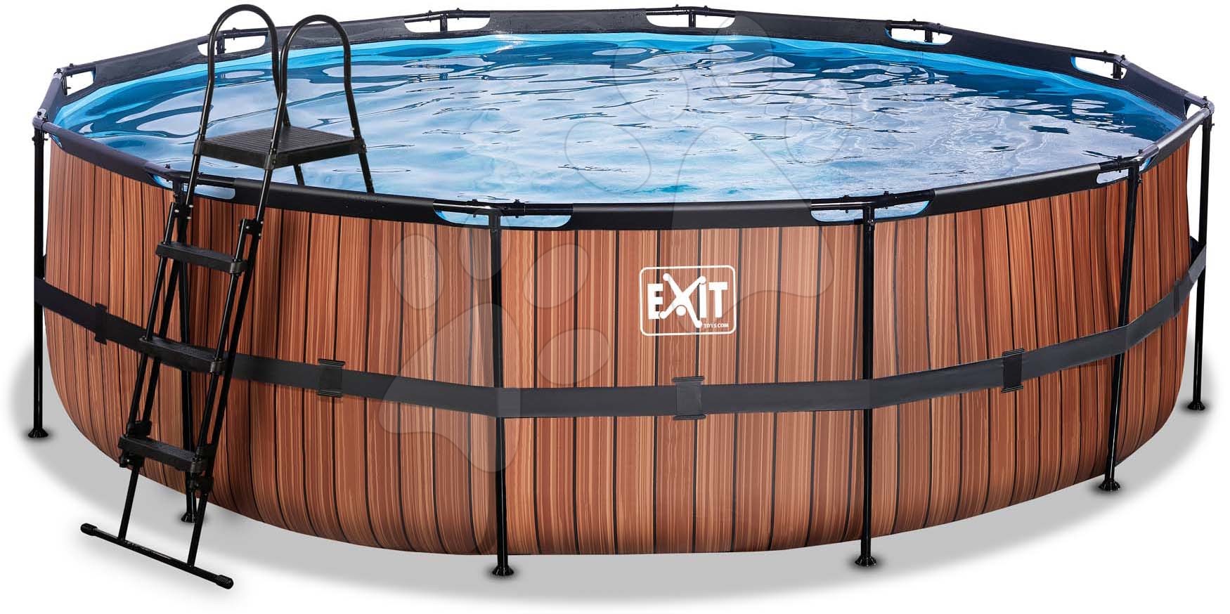 Medence homokszűrős vízforgatóval Wood pool Exit Toys kerek acél medencekeret 488*122 cm barna 6 évtől