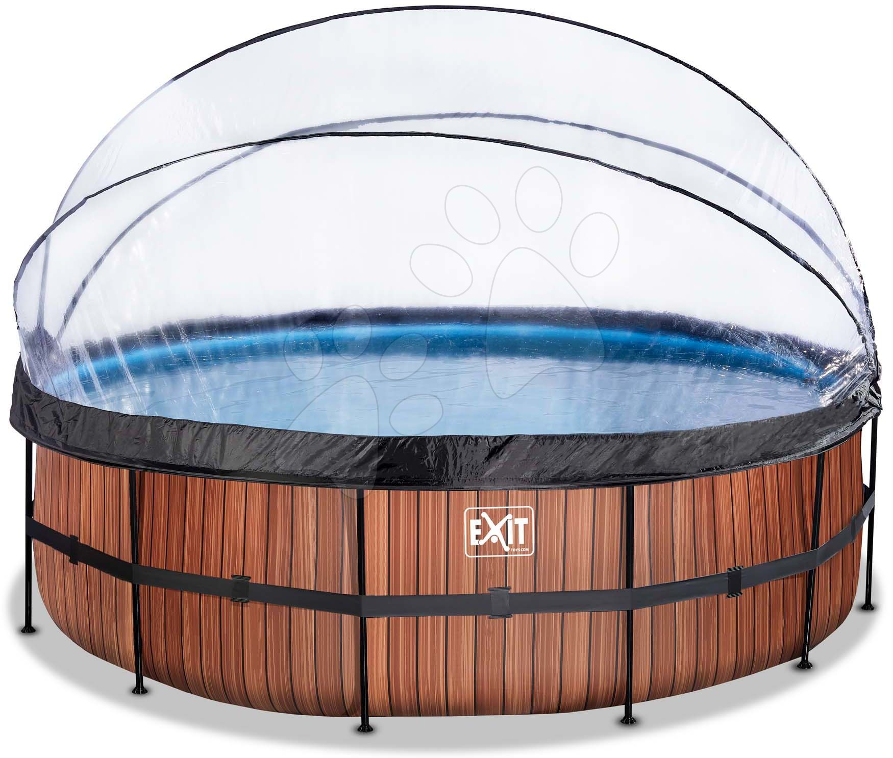 Medence búrával és homokszűrős vízforgatóval Wood pool Exit Toys kerek acél medencekeret 488*122 cm barna 6 évtől