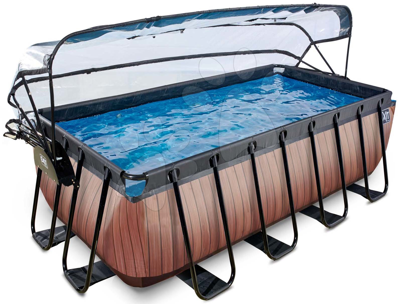 Medence búrával és homokszűrős vízforgatóval Wood pool Exit Toys acél medencekeret 400*200*122 cm barna 6 évtől