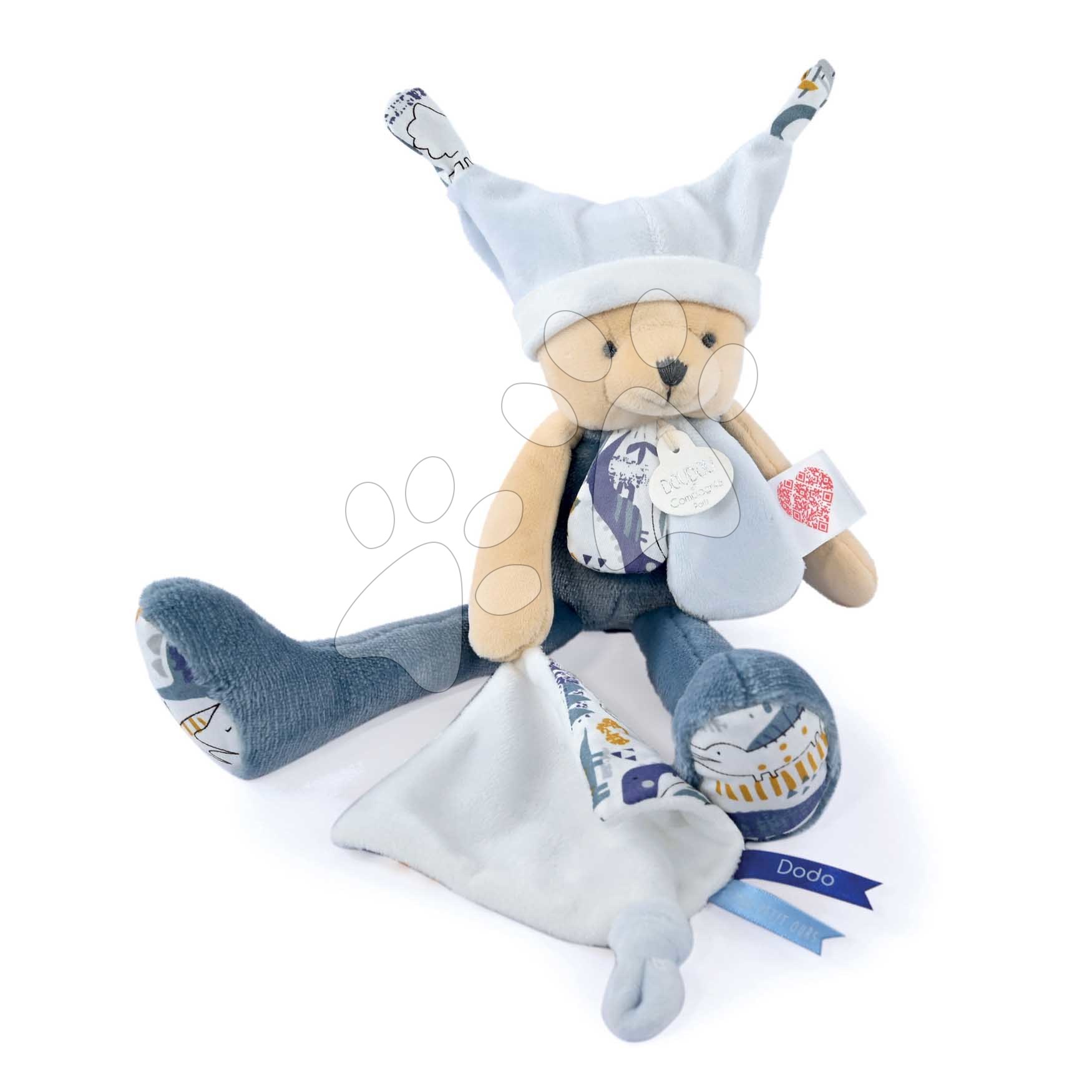 Plyšový medvedík s handričkou Plush Bear Blue Doudou et Compagnie s QR kódom na rozprávky modrý 35 cm od 0 mes