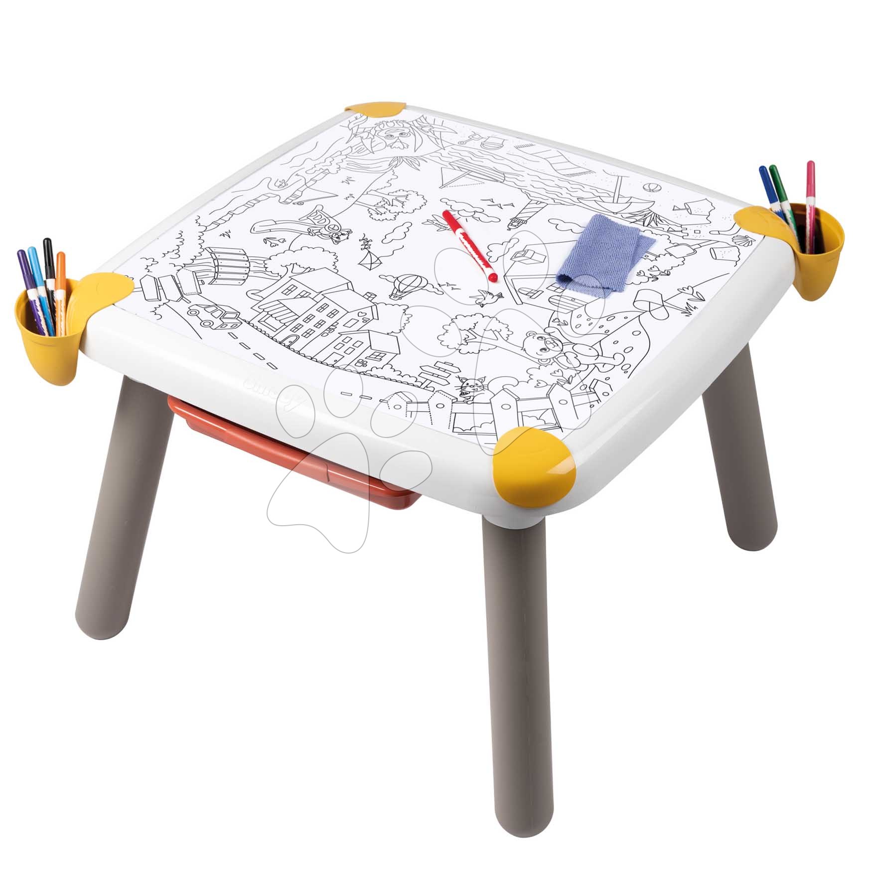 Kreativní stůl pro děti na kreslení Kid Creative Table Smoby s 3 odkládacími prostory 11 doplňků s fixkami a obrázky 70*70*47 cm od 24 měsíců