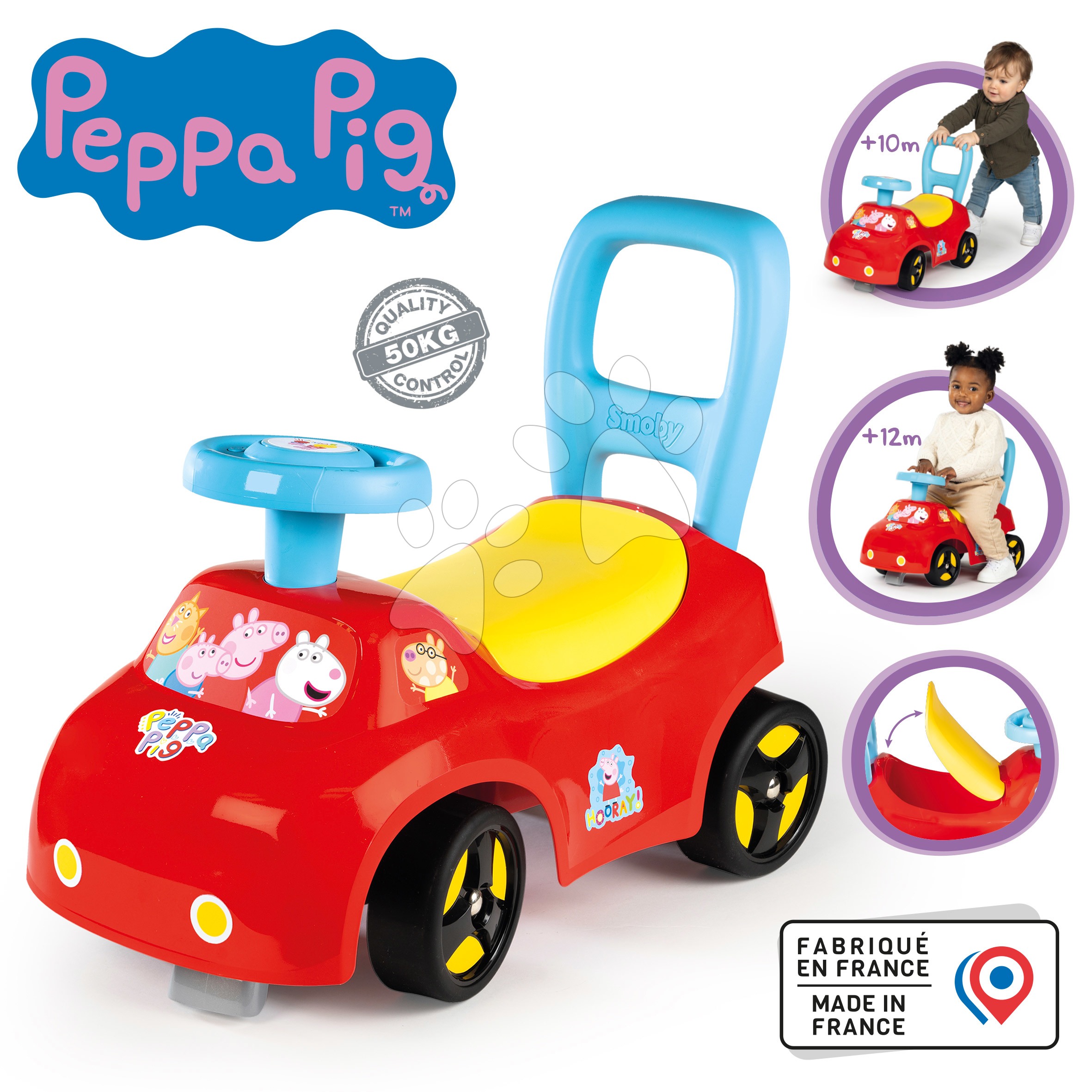 Odrážadlo a chodítko 2v1 Peppa Pig Auto Ride On Smoby ergonomické s opierkou a úložným boxom pod sedadlom od 10 mes