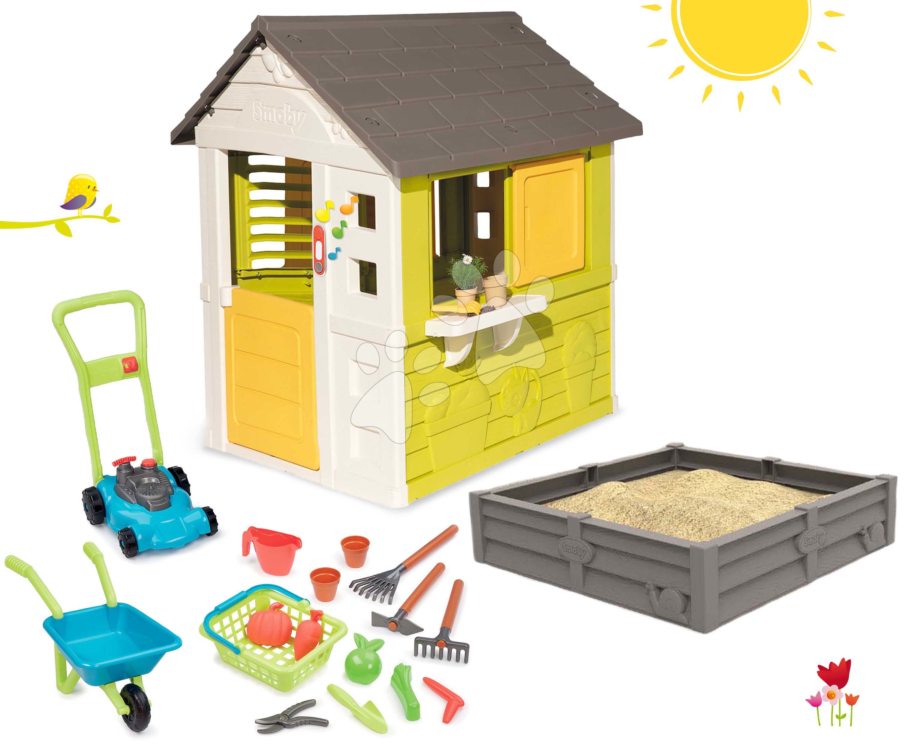 Spielhaus Pretty S Sunny Sandkasten mit und Flowers Werkzeug