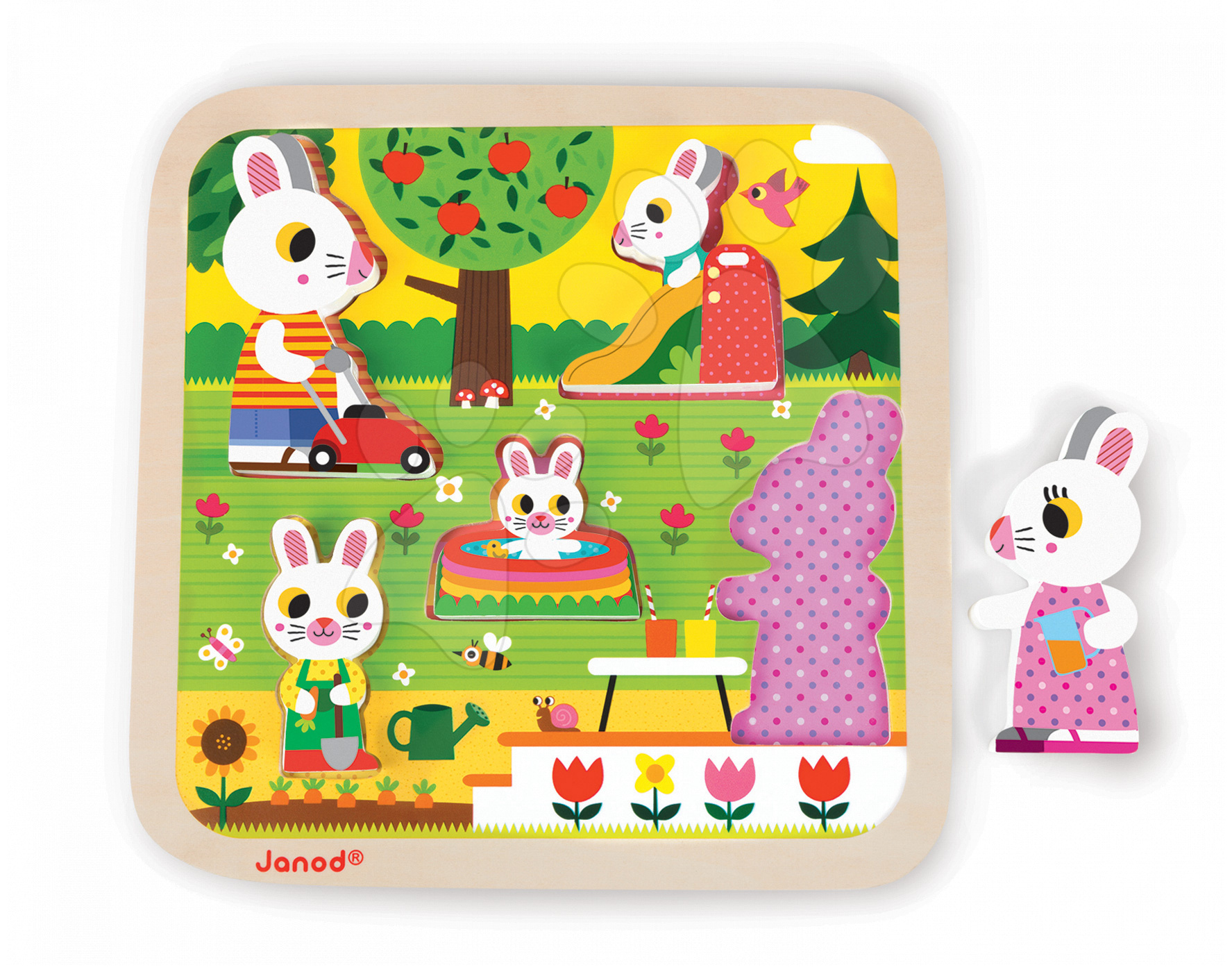 E-shop Janod drevené puzzle pre najmenších Zajace na záhrade 5 dielov 07084