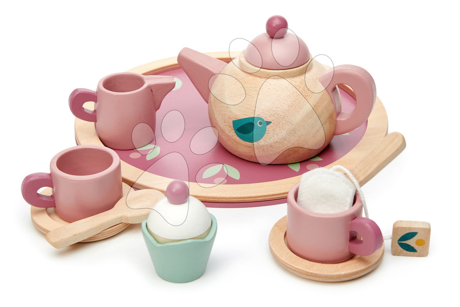 Fa teáskészlet Birdie Tea set Tender Leaf Toys tálcán csészékkel és teafilterrel