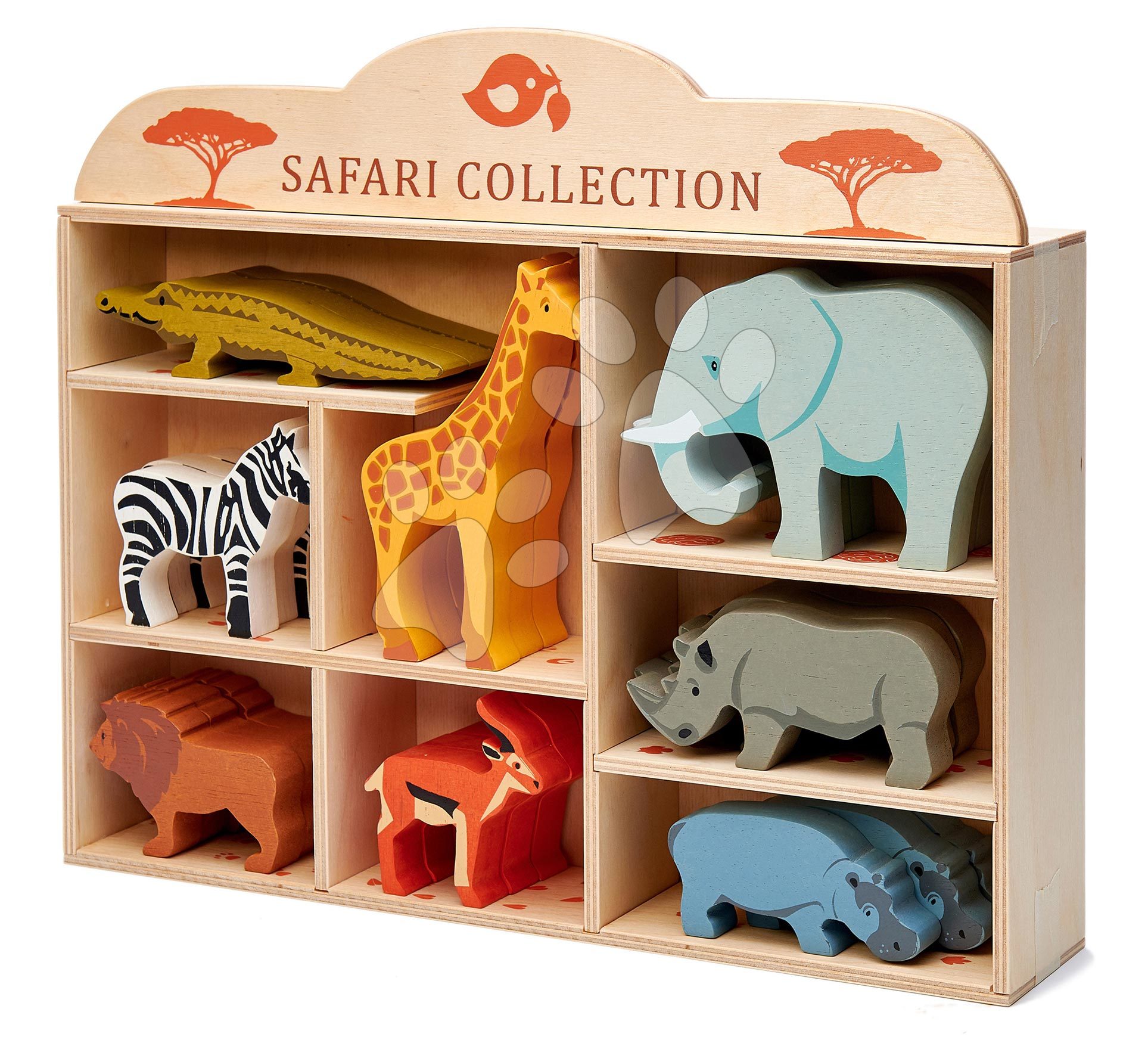 E-shop Drevené divoké zvieratká na poličke 24 ks Safari set Tender Leaf Toys krokodíl slon zebra antilopa žirafa nosorožec hroch lev