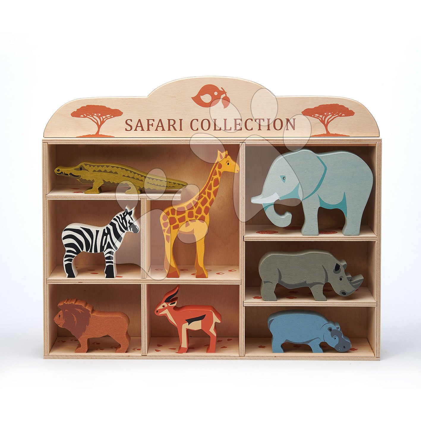 E-shop Drevené divoké zvieratká na poličke 8 ks Safari set Tender Leaf Toys krokodíl, slon, zebra, antilopa, žirafa, nosorožec, hroch, lev