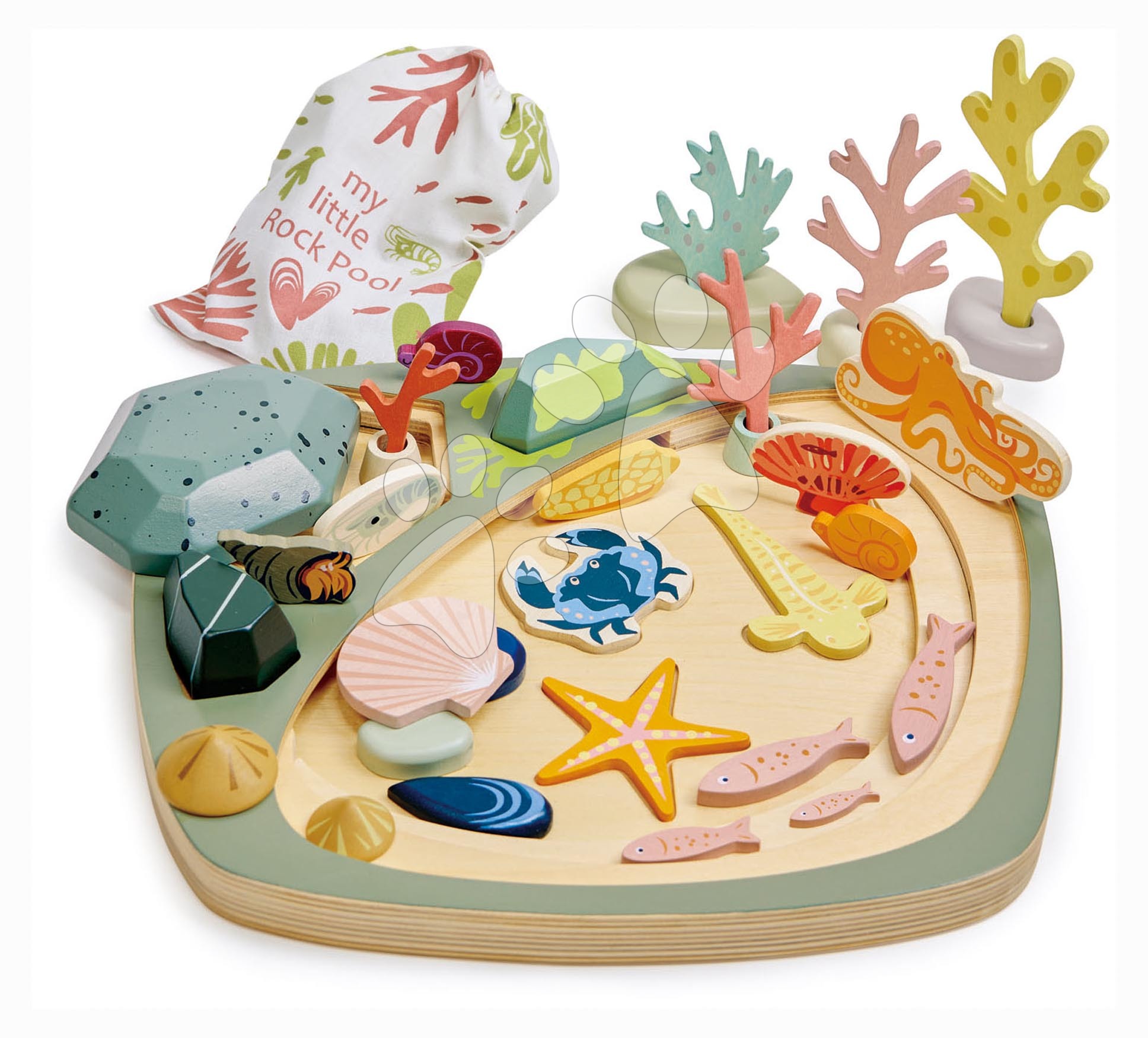 Fa készségfejlesztő építőjáték tenger világa My Little Rock Pool Tender Leaf Toys 33 részes textil táskában