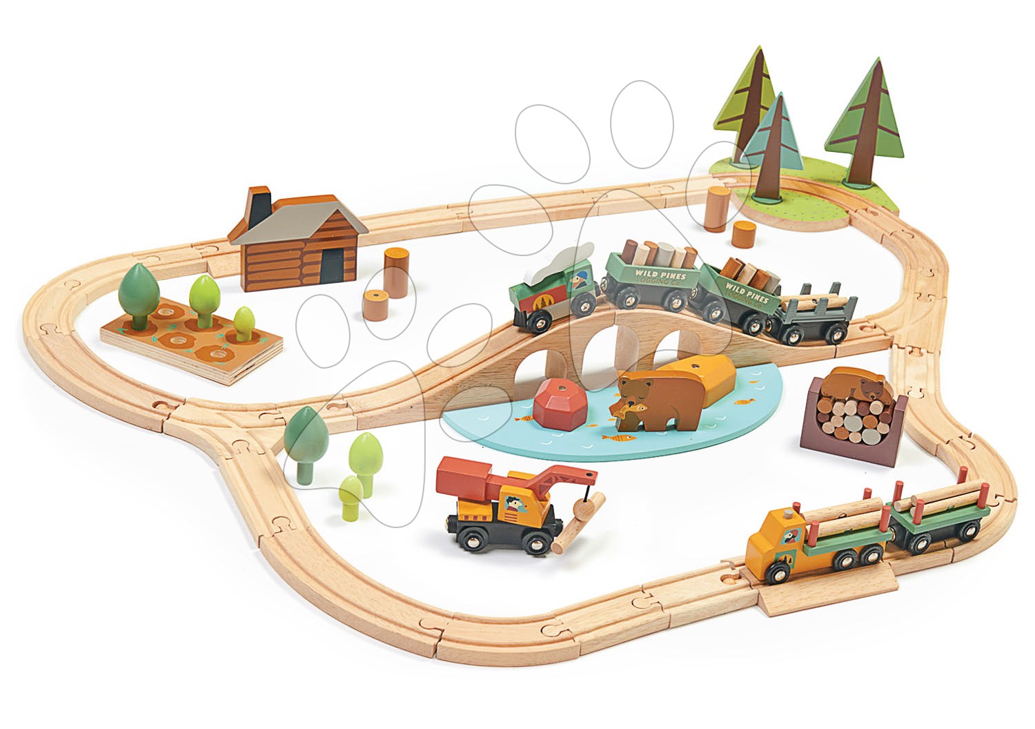 Fa vonatpálya fenyves erdőben Wild Pines Train set Tender Leaf Toys vonattal és munkagépekkel állatkákkal és természettel