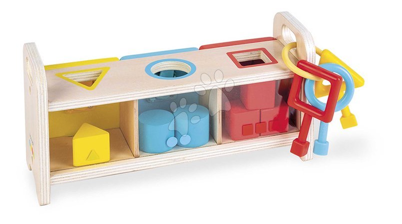  Készségfejlesztő fajátékok - Fa formaillesztő jjáték Montessori Shape Sorter Box Essentiel Janod - 1