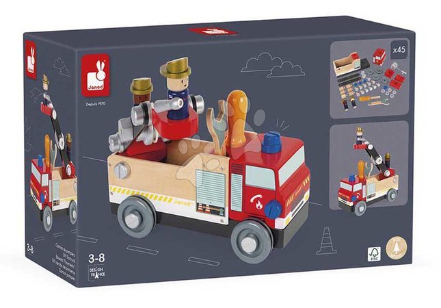 Juegos de construcción de madera  - Drevené auto a stavebnica Hasiči DIY Fire Truck BricoKids Janod - 9