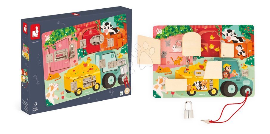 Jouets didactiques en bois - Drevená motorická doska The Farm Padlocks Board Janod - 7