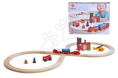 Dřevěné vláčky a vláčkodráhy - Dřevěná vláčkodráha s požární stanicí Train Set Firestation Eichhorn - 2