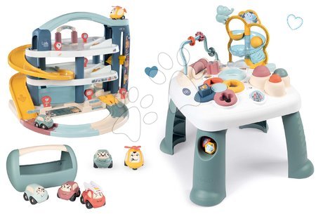 Hračky pre najmenších - Set didaktický stolík Activity Table Little a garáž 3-poschodová s výťahom Smoby