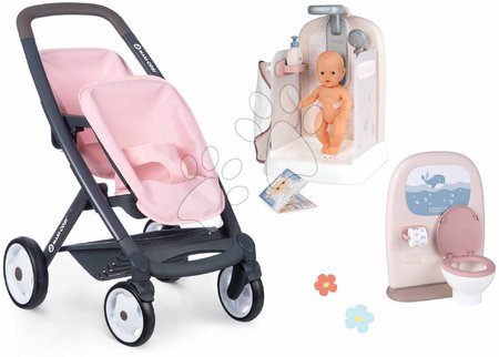 Doll prams   - Set kočík a kúpeľňa pre dvojičky Powder Pink Maxi Cosi&Quinny Smoby