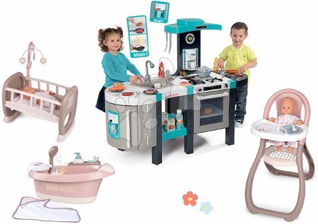 Play kitchen sets - Set kuchynka elektronická a vanička pre bábiku s tečúcou vodou Tefal French Touch Bubble Smoby