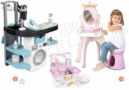 Detské práčky - Set práčovňa s práčkou s predným plnením a kozmetický stolík Princezné Wash&Clean Laundry Smoby