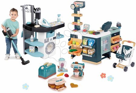 Pretend play sets - Set práčovňa s práčkou s predným plnením a obchod Super Market Wash&Clean Laundry Smoby