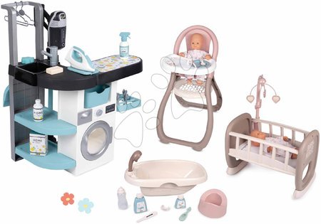 Pretend play sets - Set práčovňa s práčkou s predným plnením a jedálenská stolička pre bábiku Wash&Clean Laundry Smoby