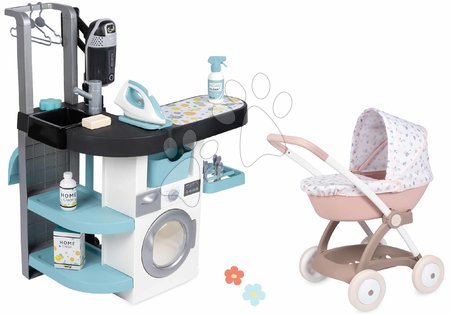 Pretend play sets - Set práčovňa s práčkou s predným plnením a hlboký kočík pre bábiky Rowenta Wash&Clean Laundry Smoby