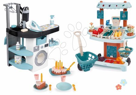 Pretend play sets - Set práčovňa s práčkou s predným plnením a zeleninový Bio stánok Rowenta Wash&Clean Laundry Smoby