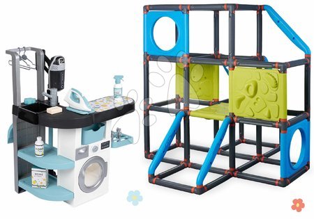 Detské práčky - Set práčovňa s práčkou s predným plnením a preliezačka Frame Kraxxl Wash&Clean Laundry Smoby