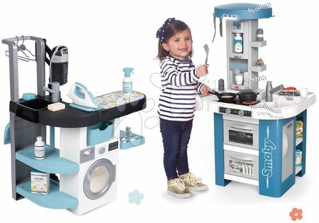 Waschmaschinen für Kinder - Set Waschraum mit Frontlader-Waschmaschine und Küche Tech Edition Rowenta Wash&Clean Laundry Smoby