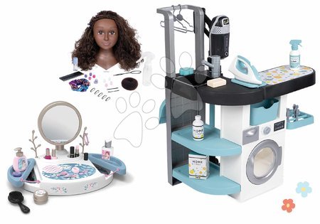 Berufspiele - Set Wascherei mit Frontlader-Waschmaschine und Friseurkopf mit braunen Haaren Wash&Clean Laundry Smoby