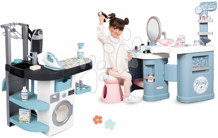 Pretend play sets - Set práčovňa s práčkou s predným plnením a kozmetický stolík Rowenta Wash&Clean Laundry Smoby