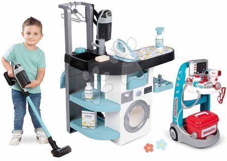 Waschmaschinen für Kinder - Set Waschküche mit Frontlader-Waschmaschine und medizinischem Wagen Rowenta Wash&Clean Laundry Smoby