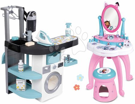 Pretend play sets - Set práčovňa s práčkou s predným plnením a kozmetický stolík Gabby Rowenta Wash&Clean Laundry Smoby