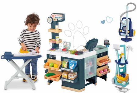 Cumpărături/Supermarketuri - Set magazin electronic produse mixte cu frigider Maxi Market cu cărucior de curățenie Clean Home Smoby