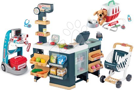 Negozi per bambini set - Set supermercato elettronico con frigo Maxi Market e carrello medico Smoby