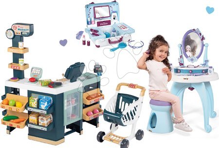 Hry na profese - Set obchod elektronický smíšené zboží s chladničkou Maxi Market a kosmetický stolek Frozen Smoby