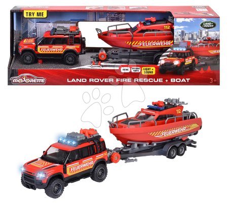 Spielzeugautos - Feuerwehrauto mit Anhänger und Schiff Land Rover Fire Rescue Majorette - 4