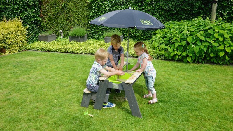 Wooden Sandpits - EXIT Aksent Sand, water table and picnic table with parasol and garden tools - 6