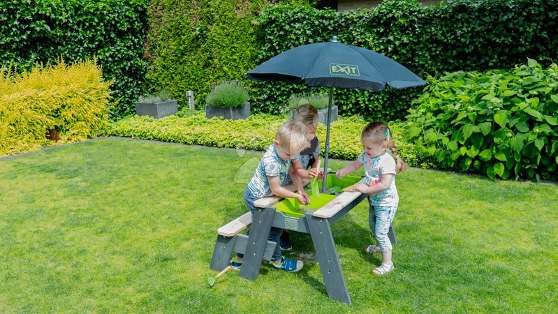 Wooden Sandpits - EXIT Aksent Sand, water table and picnic table with parasol and garden tools - 7