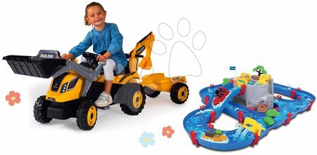 Vehículos de pedales para niños sets - Set traktor na šliapanie a vodná dráha s jaskyňou Builder Max Tractor Smoby