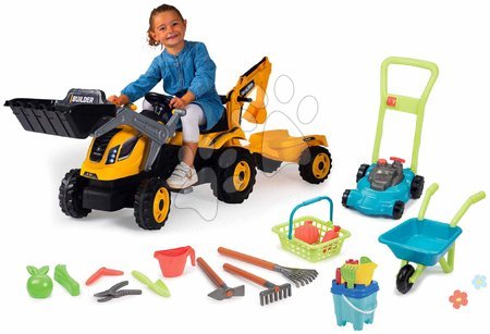 Véhicules pour enfants - Set de tracteur à pédales et brouette avec tondeuse Builder Max Tractor Smoby