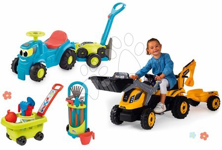 Vehículos de pedales para niños sets - Set traktor na šliapanie a vozík s kosačkou Builder Max Tractor Smoby