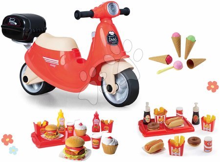 Toys for children from 1 to 2 years - Set odrážadlo Donáška jedla s hamburgermi Scooter Food Express Smoby 