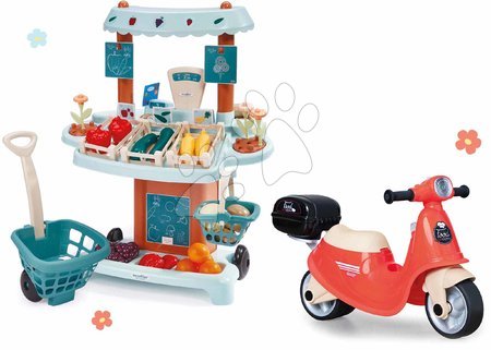 Toys for children from 1 to 2 years - Set odrážadlo Donáška jedla a Bio stánok Scooter Food Express Smoby