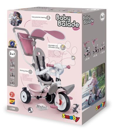 Tricicli dai 10 mesi - Triciclo e passeggino in uno con schienale alto Baby Balade Plus Tricycle Pink Smoby  - 11